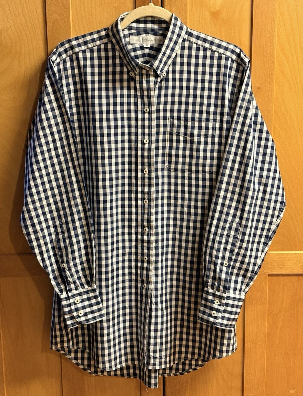Claridge & King Shirt Womens Medium Navy/White Plaid Long Sleeve Buttons Collar